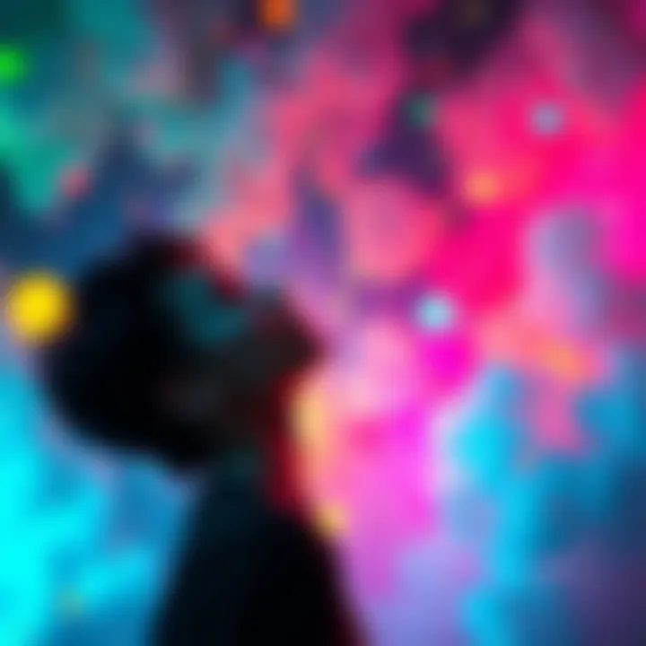 A person floating in a dreamlike state surrounded by vibrant colors and abstract shapes, contemplating lucid dreaming.