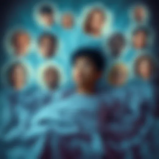 A person in bed, surrounded by thought bubbles of unfamiliar faces, looking curious and thoughtful while dreaming