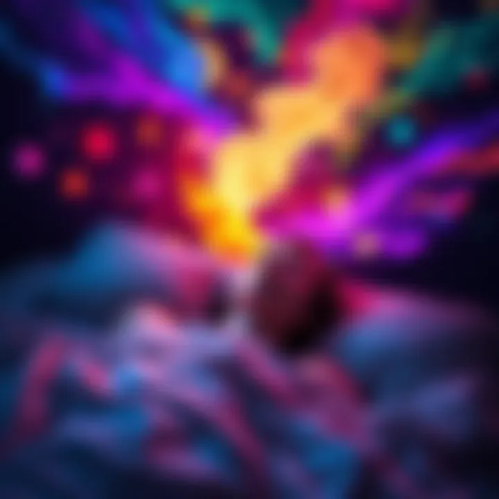 A person lying in bed with colorful dream visuals around them, illustrating the difference between vivid and lucid dreams.