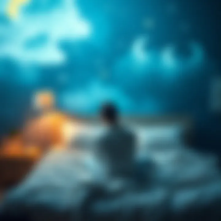 Individual sitting on a bed, looking thoughtful with a blurred background representing dreams and reality, symbols of sleep and wakefulness nearby.