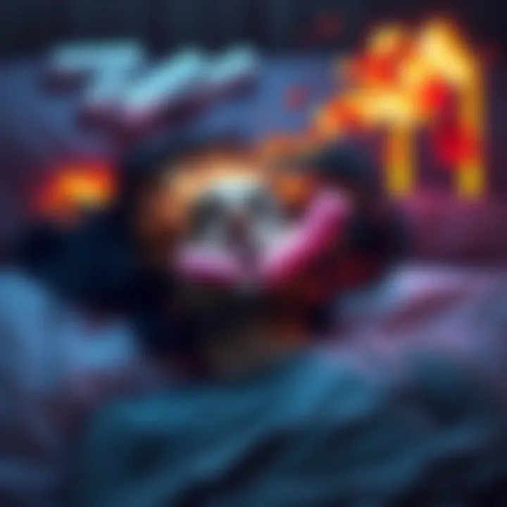 A person lies in bed, dreaming of chaotic war scenes mixed with images of chewing gum in their mouth.