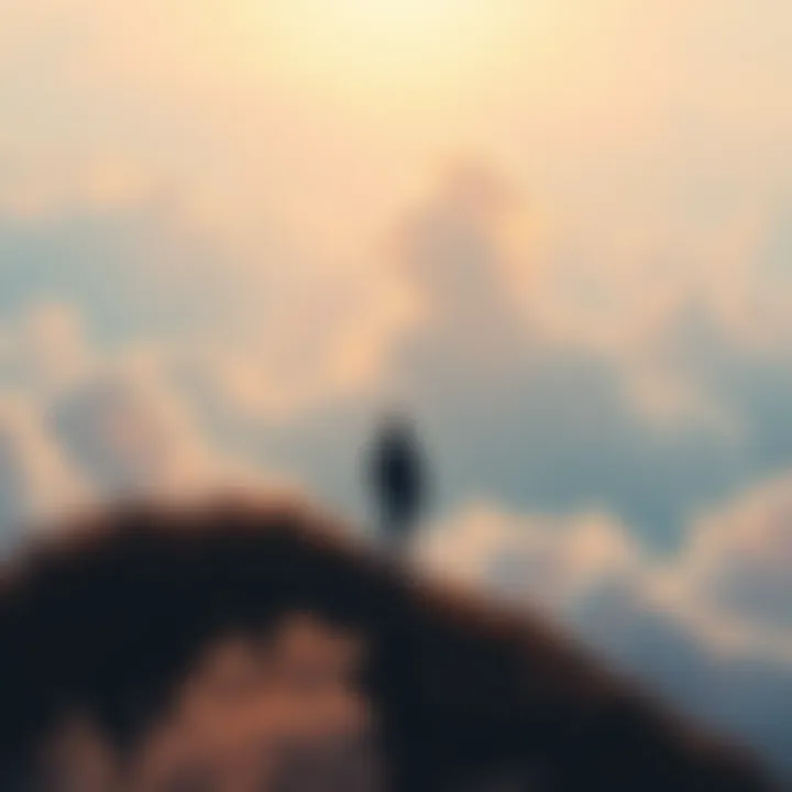 A serene landscape with fluffy clouds and soft light, symbolizing a divine dream, featuring a silhouette of a person gazing upward in wonder.