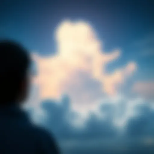 A surreal scene depicting a person gazing into a cloudy sky, pondering the nature of reality as a dream.