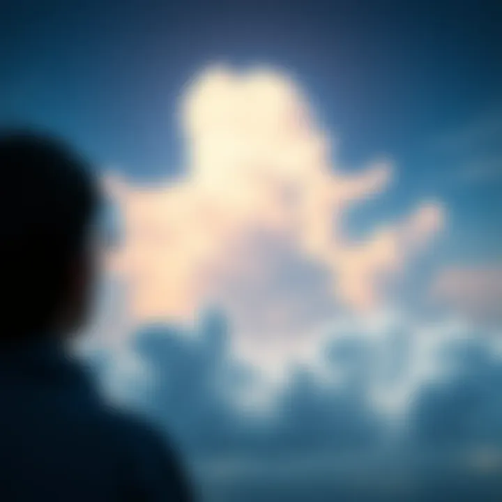 A surreal scene depicting a person gazing into a cloudy sky, pondering the nature of reality as a dream.