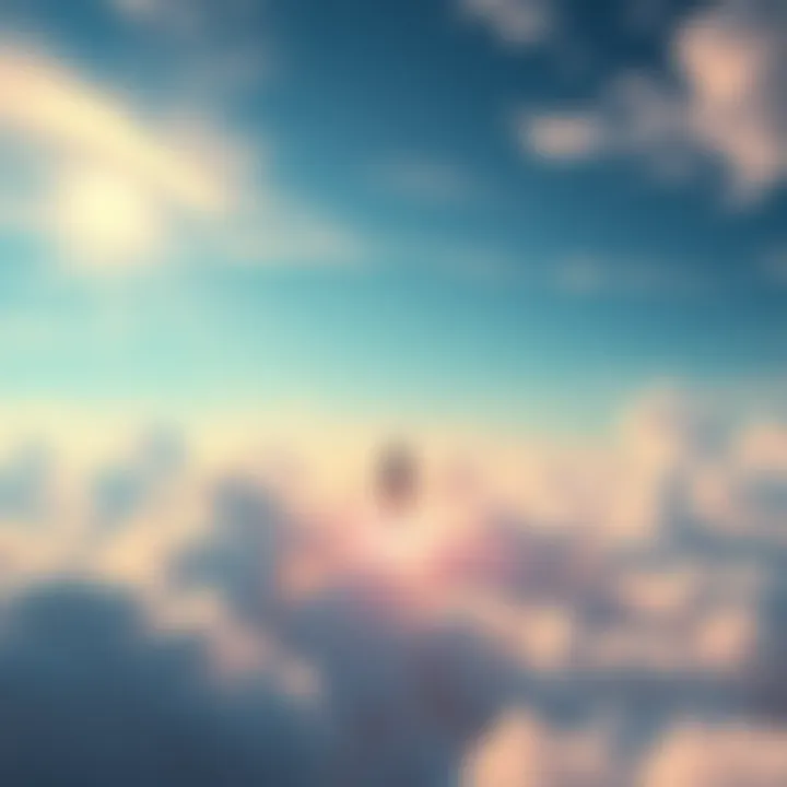 Dreamlike Scene A serene landscape filled with vibrant colors, depicting a person floating peacefully in a dream state surrounded by clouds and gentle light.