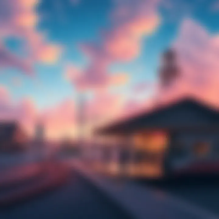 A whimsical train station with young people waiting, a nearby convenience store, and a quaint town square under a soft, dreamlike sky.