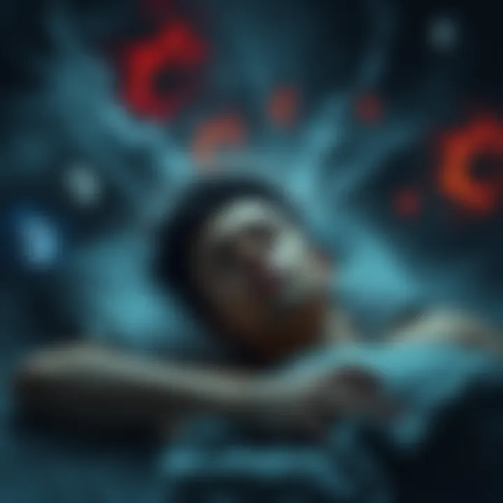 A person sleeping with a worried expression, surrounded by dark, swirling images representing negative dream scenarios.