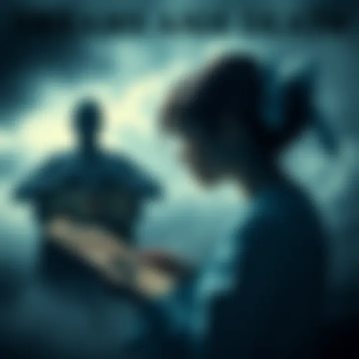 A woman looks contemplatively at a family photo while a shadowy figure represents a dream-like presence nearby
