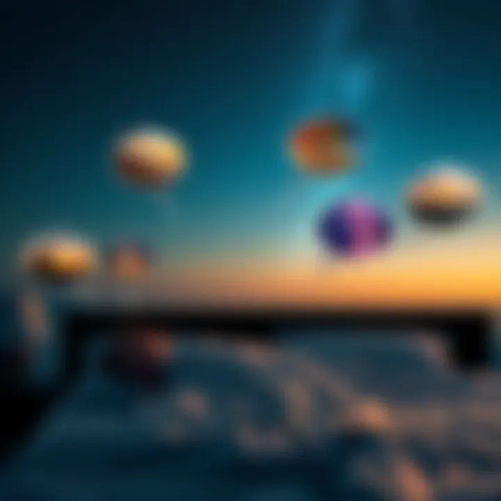 A serene night sky filled with stars, with a person peacefully sleeping in bed, surrounded by thought bubbles illustrating vivid dream scenes.
