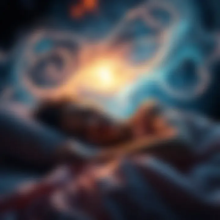 A person sleeping with swirling colors and light representing dreams and astral travel around them