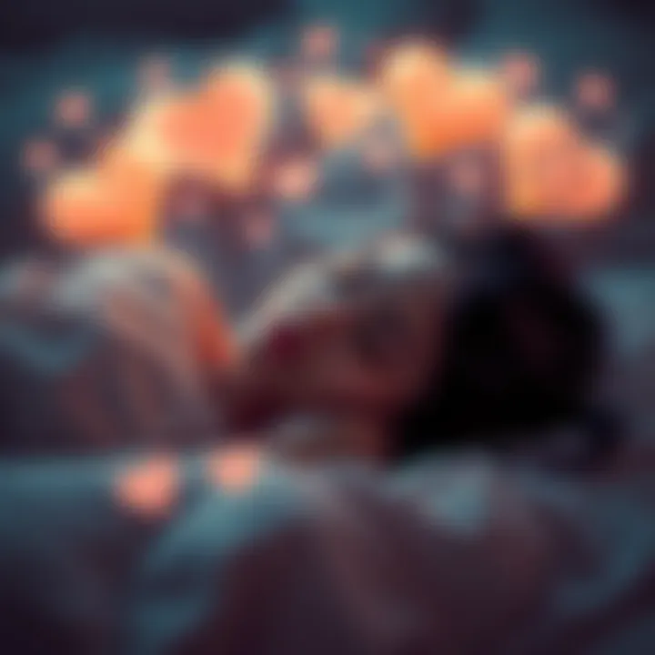 A person sleeping peacefully, surrounded by soft dream bubbles featuring symbols of love and marriage, like hearts and wedding rings.