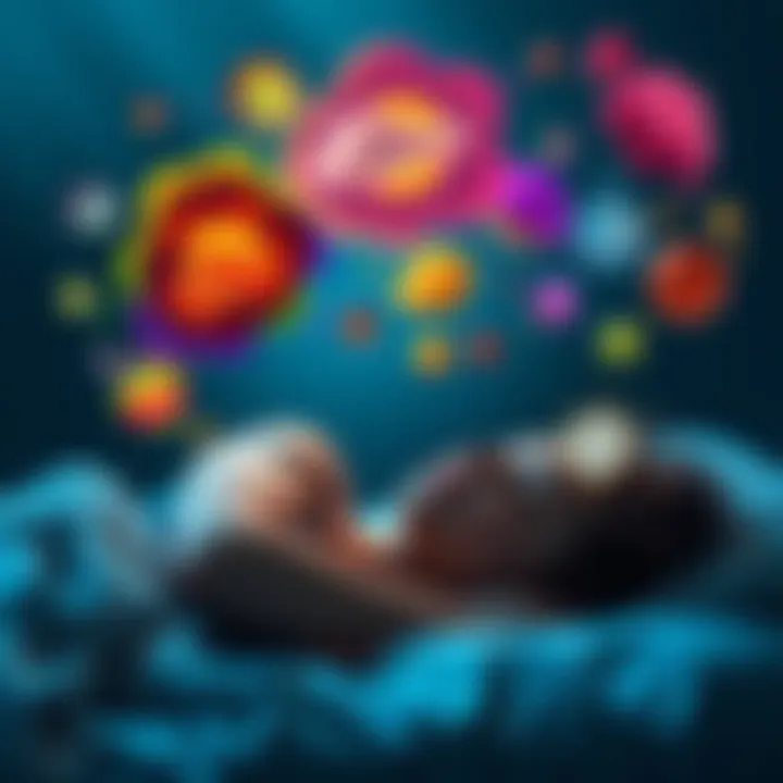 A person sleeping peacefully with colorful thought bubbles representing dreams and imagination above their head.