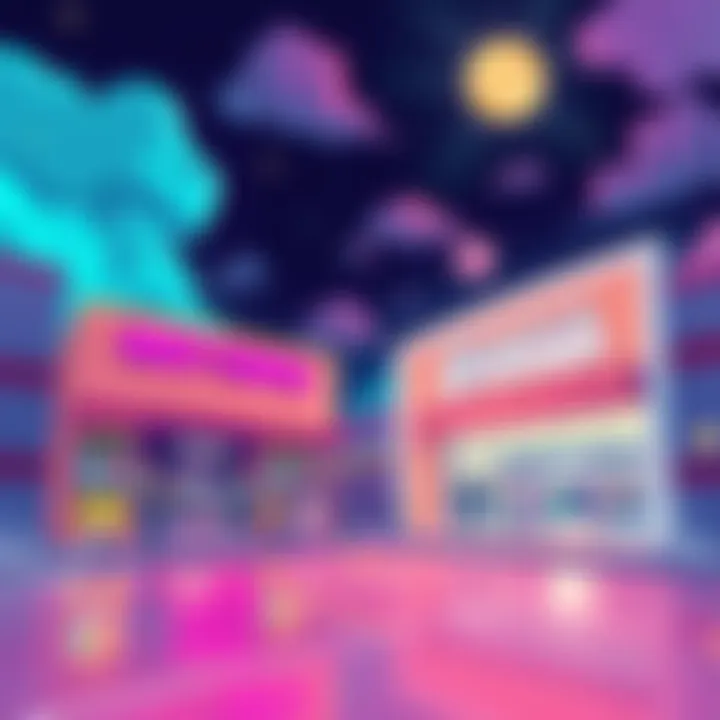 A surreal illustration showing a dream sequence featuring a vibrant Hot Topic and a familiar Bed Bath & Beyond, blending colors and shapes to represent the unique experiences people have while dreamin...