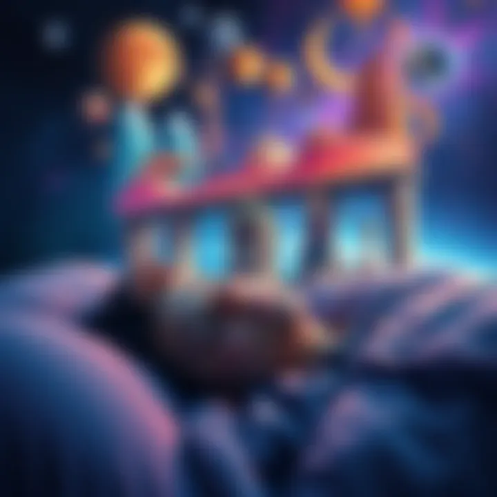 A person asleep with colorful dream imagery above, showing various landscapes and symbols of alternate realities.