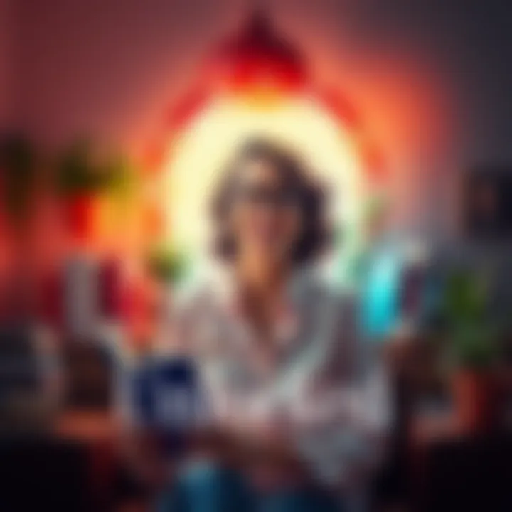 A stay-at-home wife surrounded by symbols of her aspirations, like books and plants, radiating positivity and a sense of purpose.