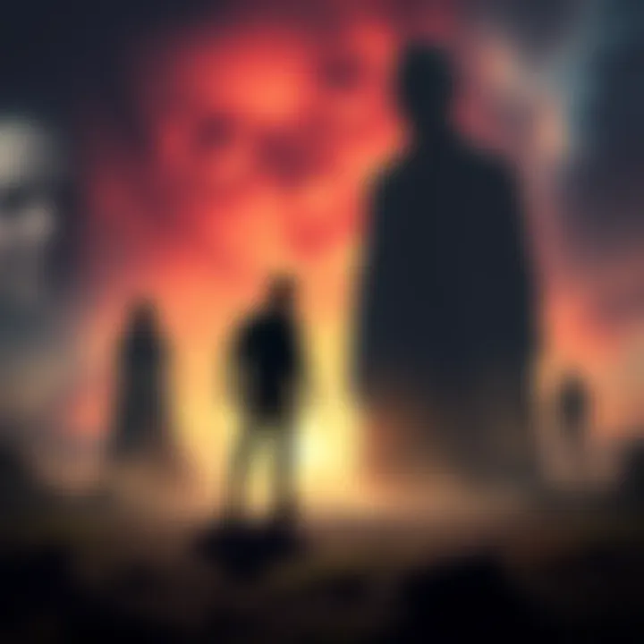 A person stands bravely in a dark, surreal landscape, facing shadowy figures while familiar faces watch in the background.