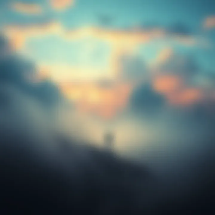 A serene dream world with a person slowly disappearing into mist, symbolizing dying in a dream.