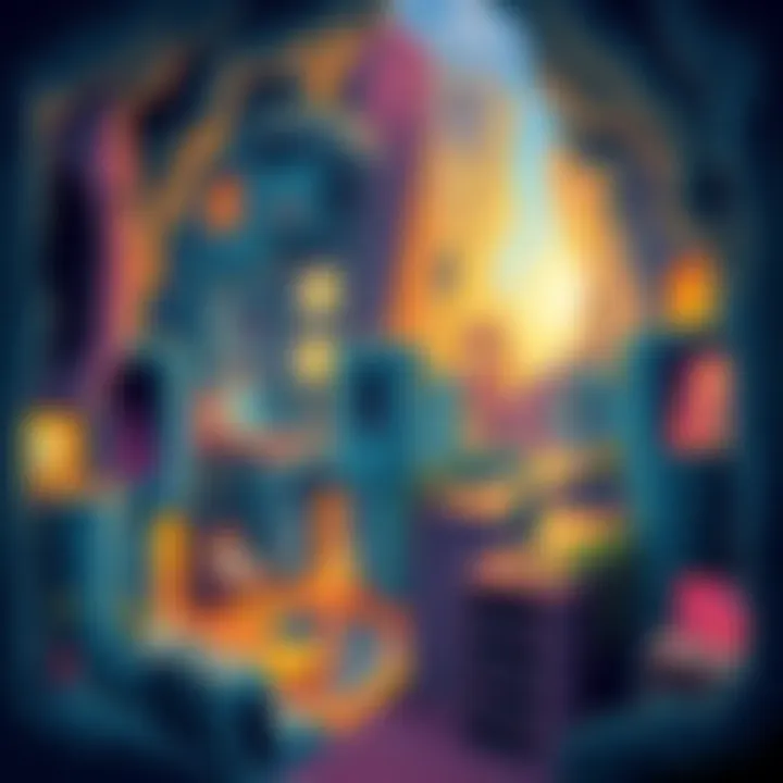 A colorful illustration showing a dream world filled with hidden rooms and secret paths, representing vivid dreams and subconscious thoughts.