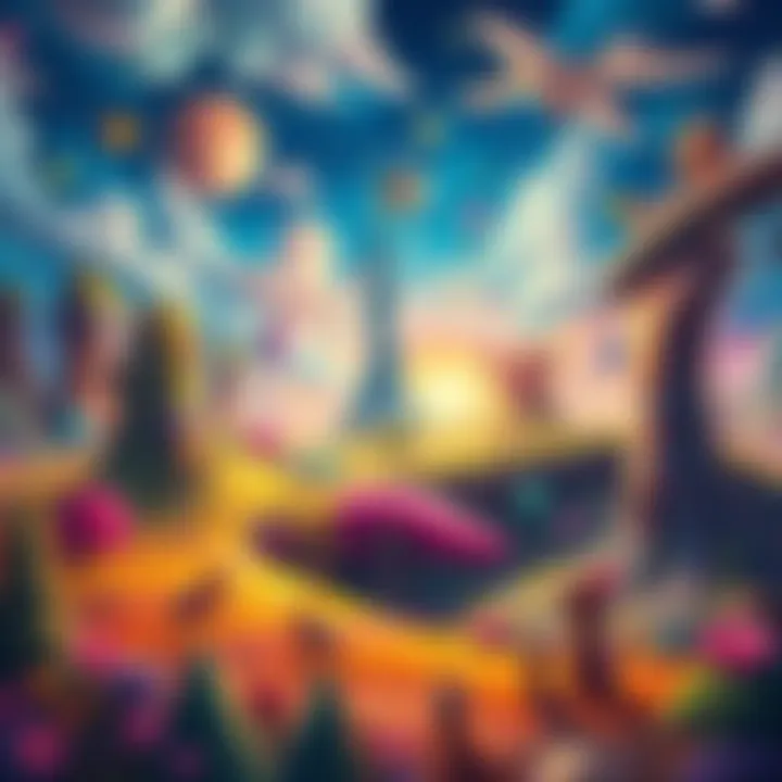 A vibrant scene depicting a dream world with imaginative landscapes, various weather patterns, and whimsical characters interacting in a colorful environment.