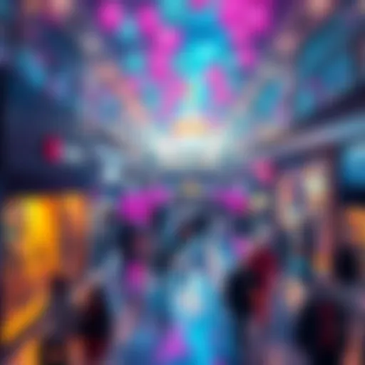 A vibrant mall interior filled with people exploring shops and enjoying their time, evoking a dream-like atmosphere.