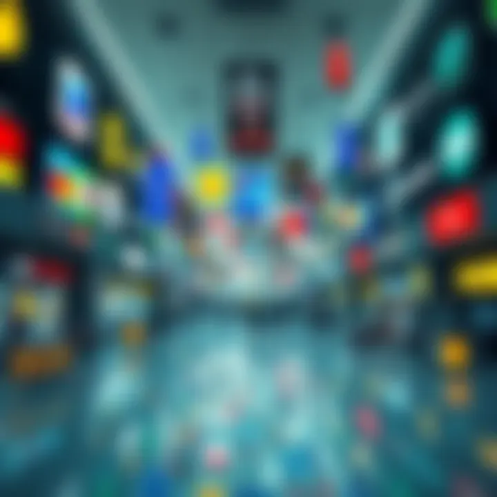 A surreal shopping mall filled with a mix of familiar and imaginary brand logos, creating a dream-like atmosphere.