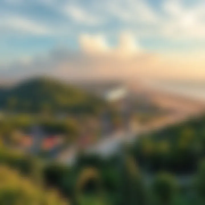 A serene dreamscape featuring a lush town surrounded by nature, with a sandy beach and a train-airport hybrid in the background.