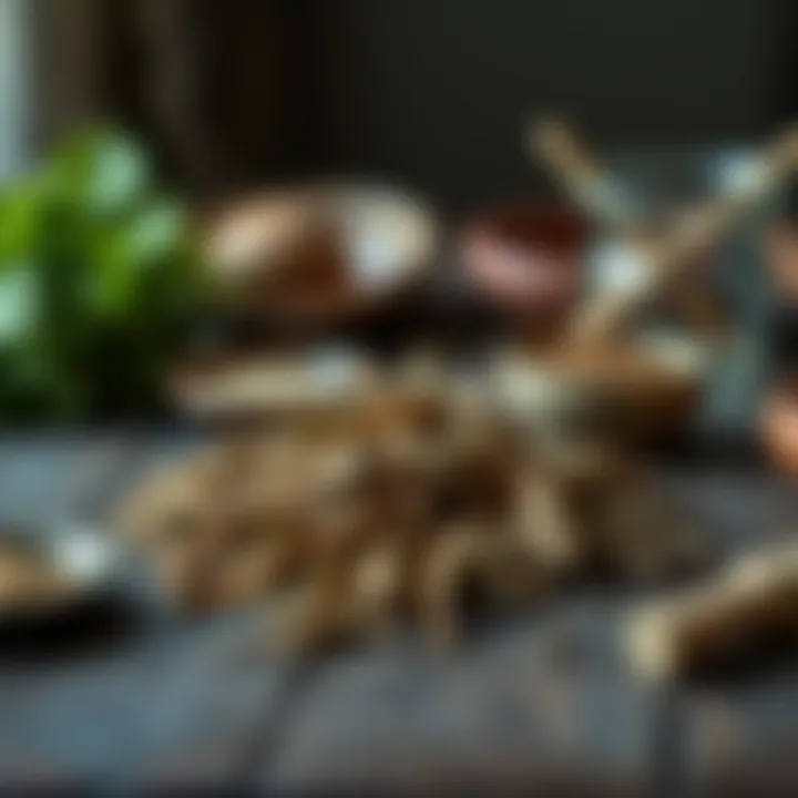 A close-up of a dried herb placed on a wooden table, surrounded by small bowls and tools for herbal identification.