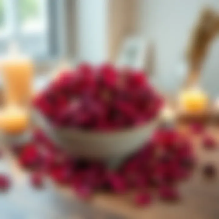 A bowl filled with vibrant dried rose petals on a wooden table, surrounded by candles and a small decorative item, showcasing their decorative use in home decor.