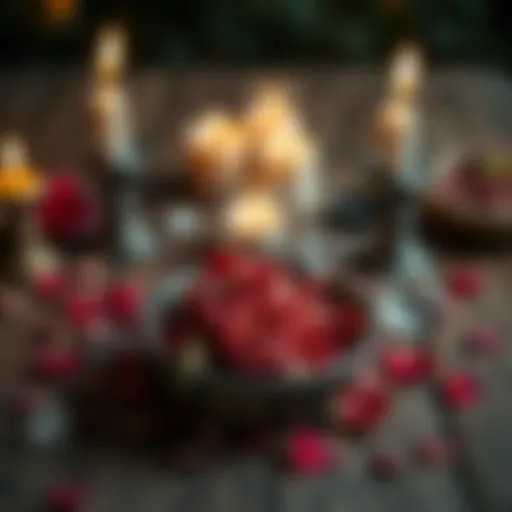 A small bowl filled with dried rose petals sitting on a rustic wooden table, surrounded by candles and crystals, ideal for witchcraft rituals.