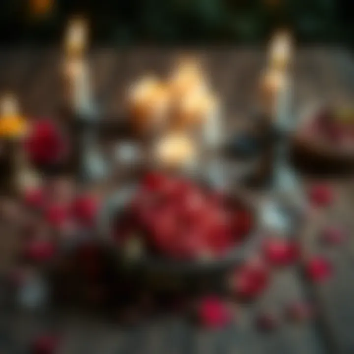 A small bowl filled with dried rose petals sitting on a rustic wooden table, surrounded by candles and crystals, ideal for witchcraft rituals.
