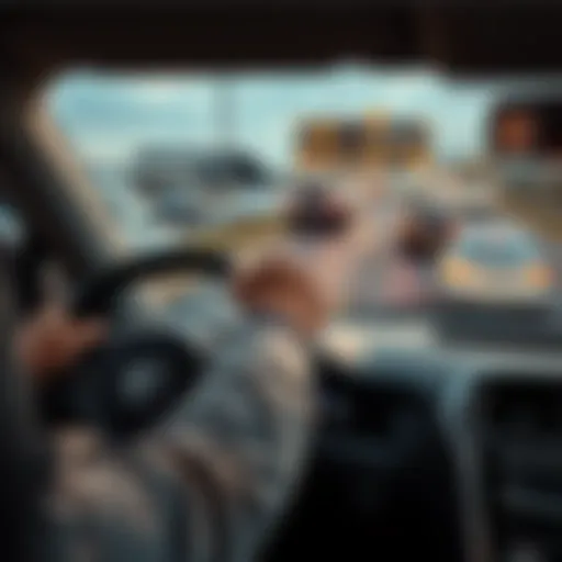 A driver grips the steering wheel tightly while swerving to avoid a collision on a busy highway, with cars speeding by.