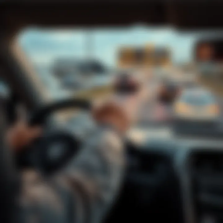 A driver grips the steering wheel tightly while swerving to avoid a collision on a busy highway, with cars speeding by.
