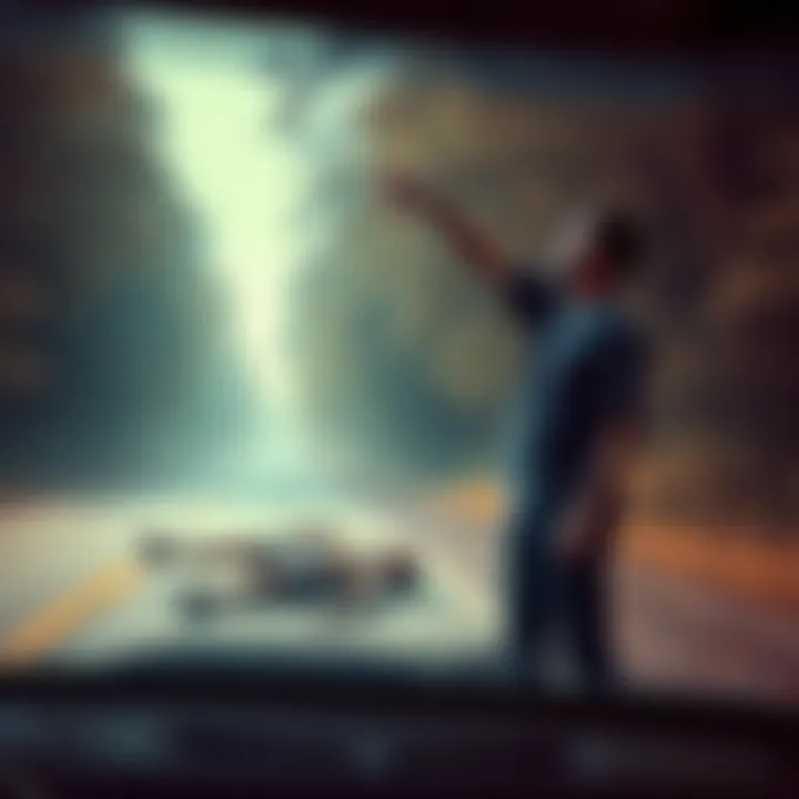 A distressed driver stands by a roadside, pointing at a mysterious non-human creature in the shadows of the trees while another man lies injured nearby.