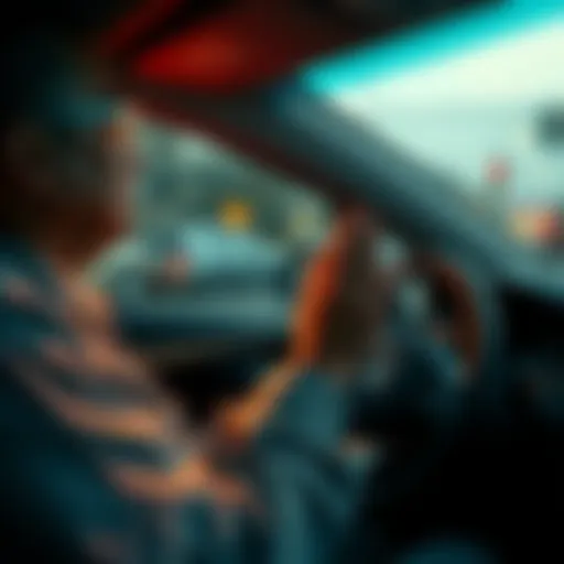 Nervous driver praying with hands clasped, looking hopeful for a successful driving test and smooth traffic
