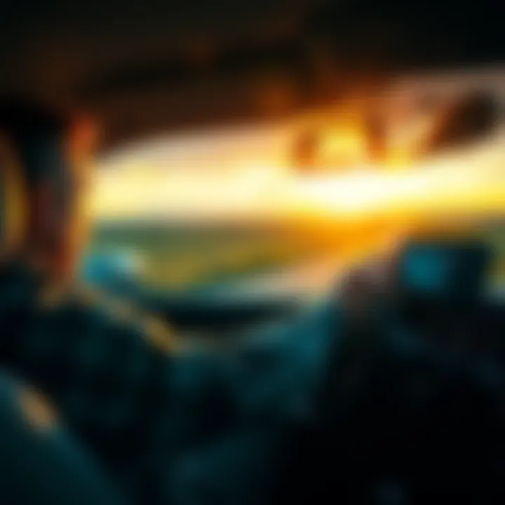 A driver in a car looking puzzled while listening to unusual sounds on the radio in a countryside setting.