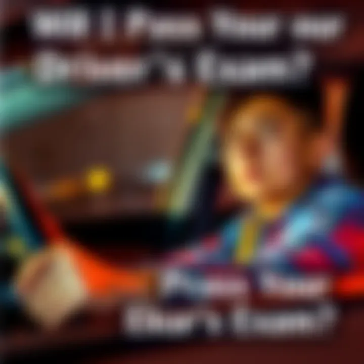 A young person sitting in a car, preparing for their driver's exam with a focused expression