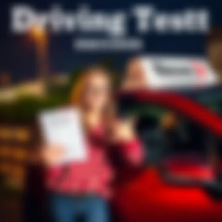 A person smiling with a driving license in hand, standing next to a car, celebrating a driving test win after a challenging journey.