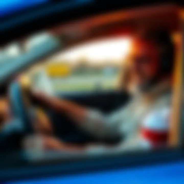 A nervous person in a driver's seat answers a phone call during their driving test, laughing at a friend's joke about failing.