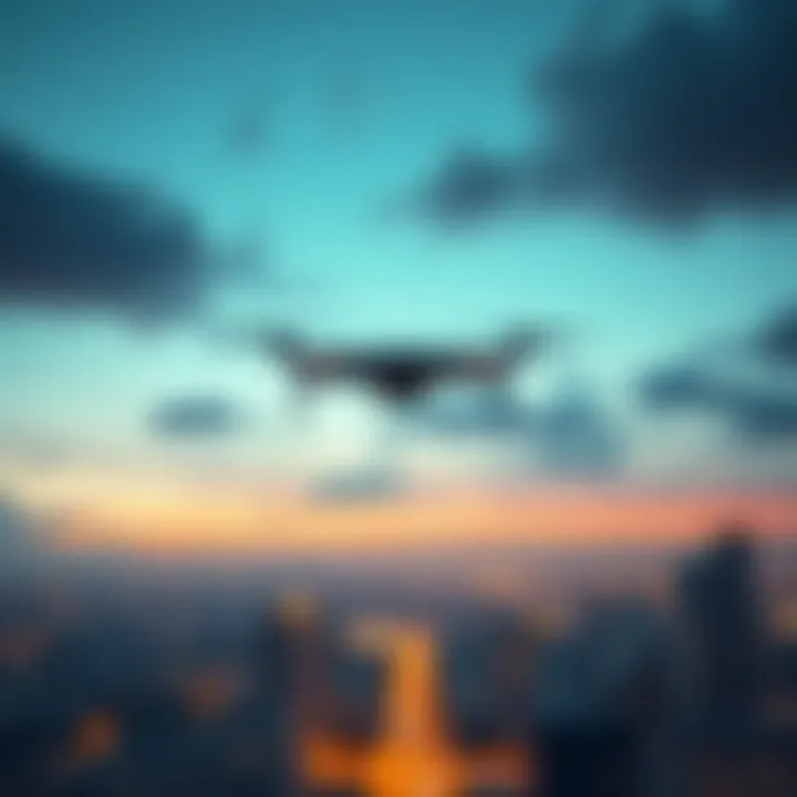 A drone hovering over a cityscape, representing safety concerns and reporting issues related to drone sightings.