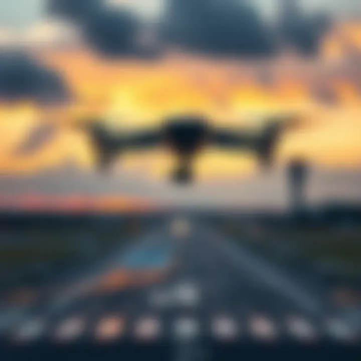 Drone flying near airport A drone hovering in the sky close to an airport runway, raising security concerns.