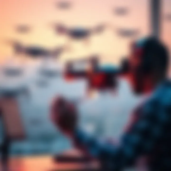 A person using remote viewing techniques to analyze drone technology, showcasing various drones in the background.