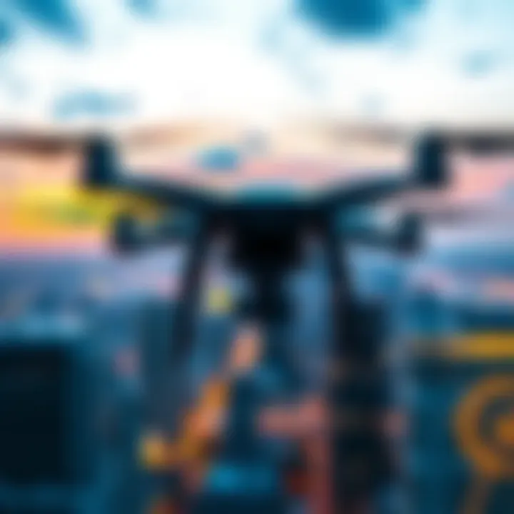 A drone flying over a city skyline, highlighting security concerns