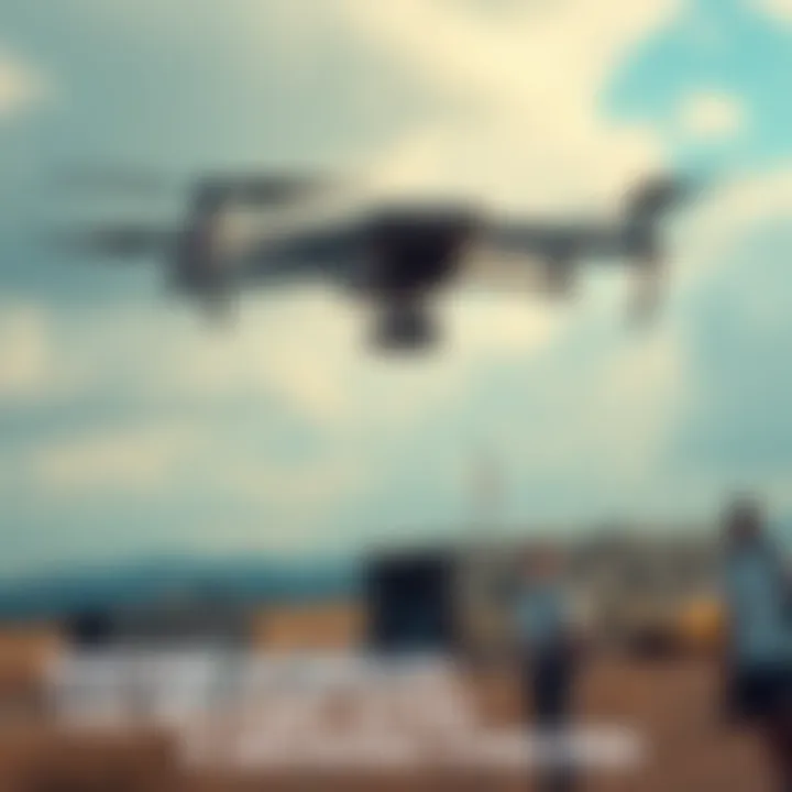 A drone flying above a U.S. military facility with security personnel in the background looking up.