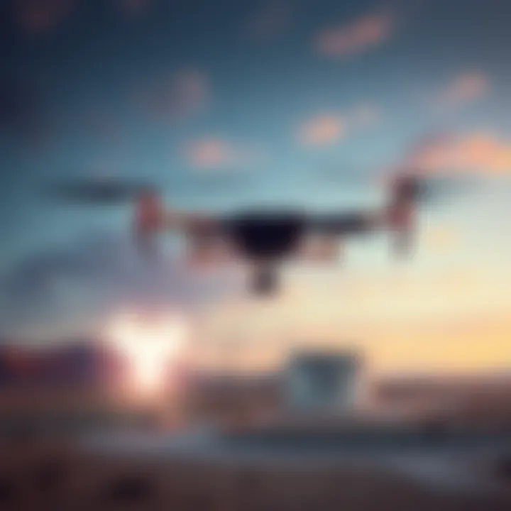 A drone hovering in the sky near Area 51, with a signal disturbance indicated by visual waves