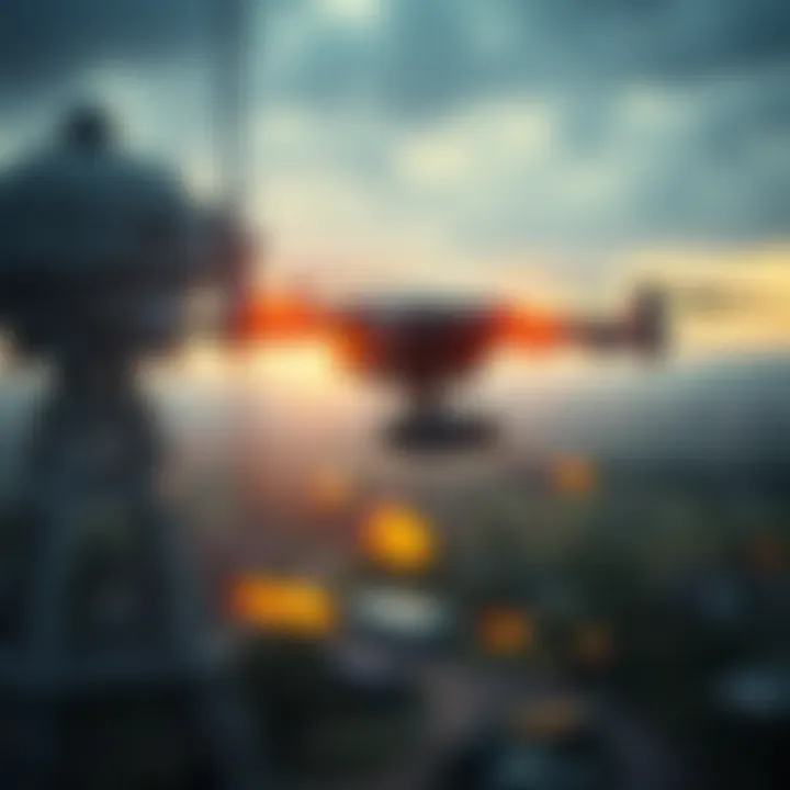 Drone operating in a war zone A military drone flies over a conflict area in Ukraine, demonstrating advanced warfare technology in action.