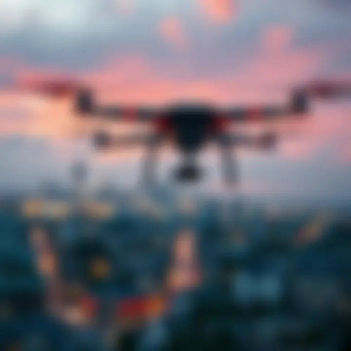 Drones flying above a busy European city skyline with an airport in the background.