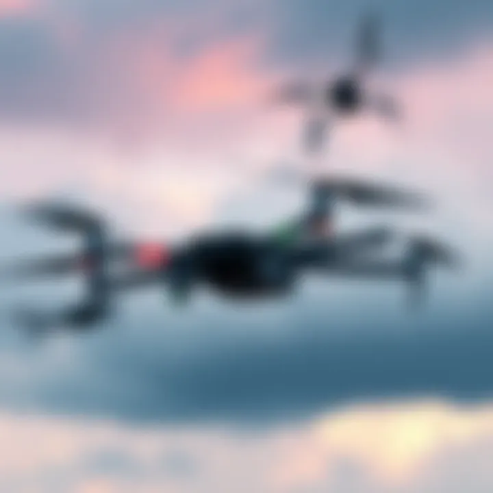 Multiple drones hovering near Brussels airport with a cloudy sky in the background