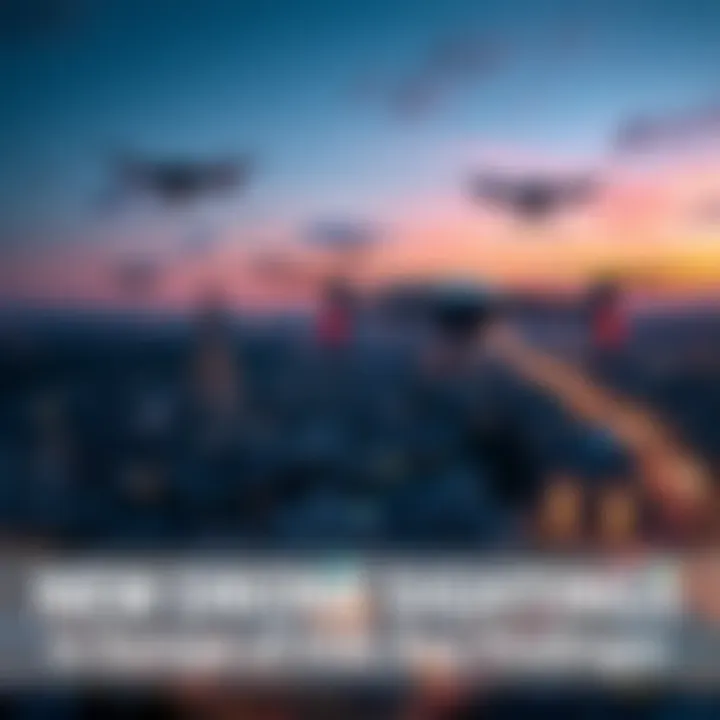 Multiple drones flying in formation over a cityscape at dusk, highlighting recent sightings in Europe and the USA