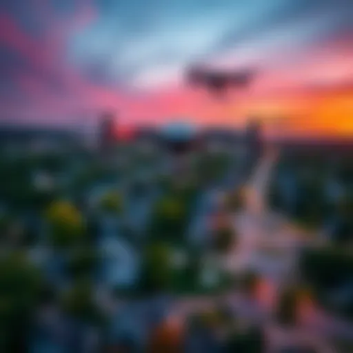 Aerial view of drones flying over a suburban area in New Jersey, showing homes and parks below.