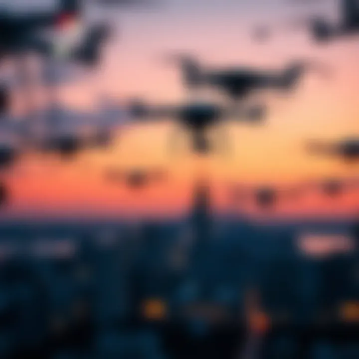 Drones Over New Jersey A series of drones flying over a New Jersey skyline at dusk, hinting at advanced technology with bright lights and a hint of mystery in the background.
